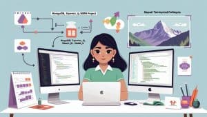 Full-Stack MERN Project by Nepali Student Nepali college student building a full-stack MERN web project with diagrams and code editors
